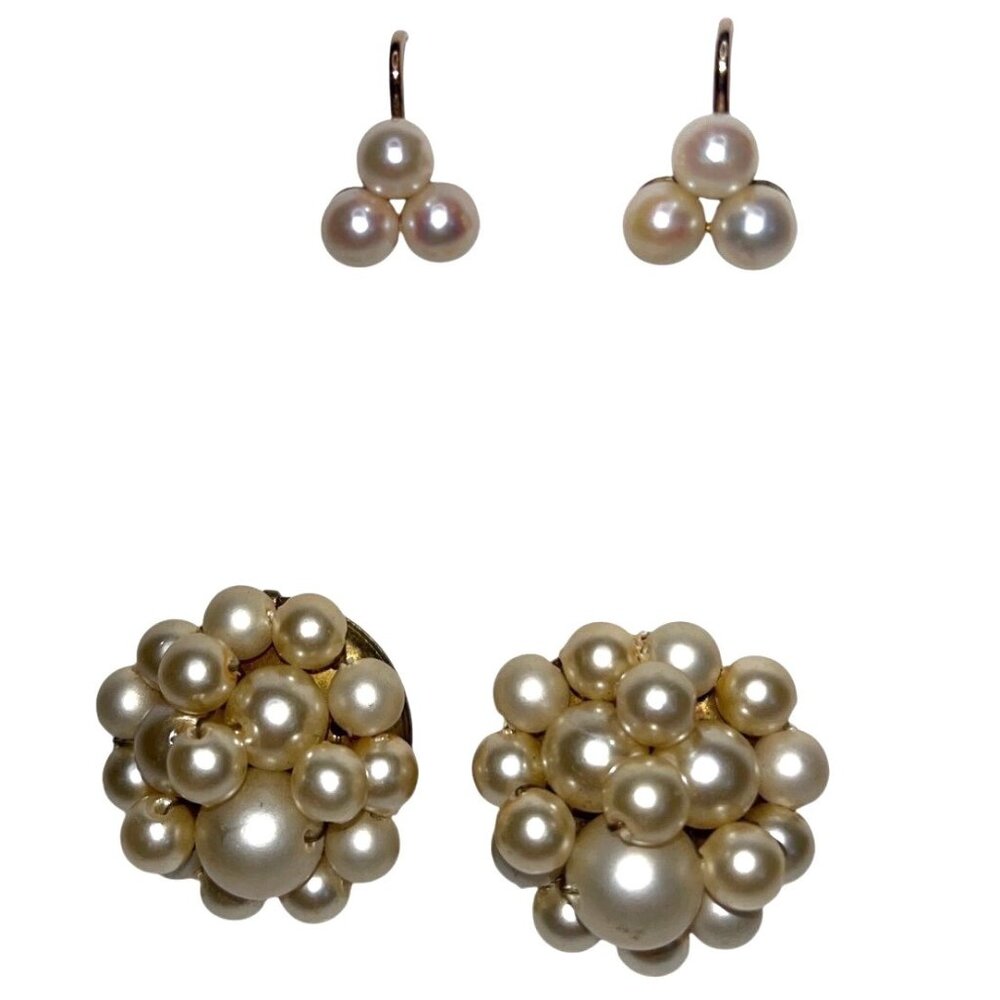 Vintage Trifari Faux Pearl Cluster Clip-On Earrings & Matching Dangle Set A85